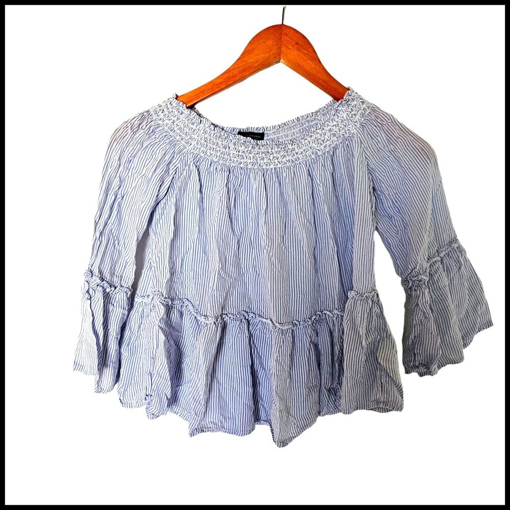 American Eagle Blue White Striped Off Shoulder Bell Sleeve Top Blouse S Small‎